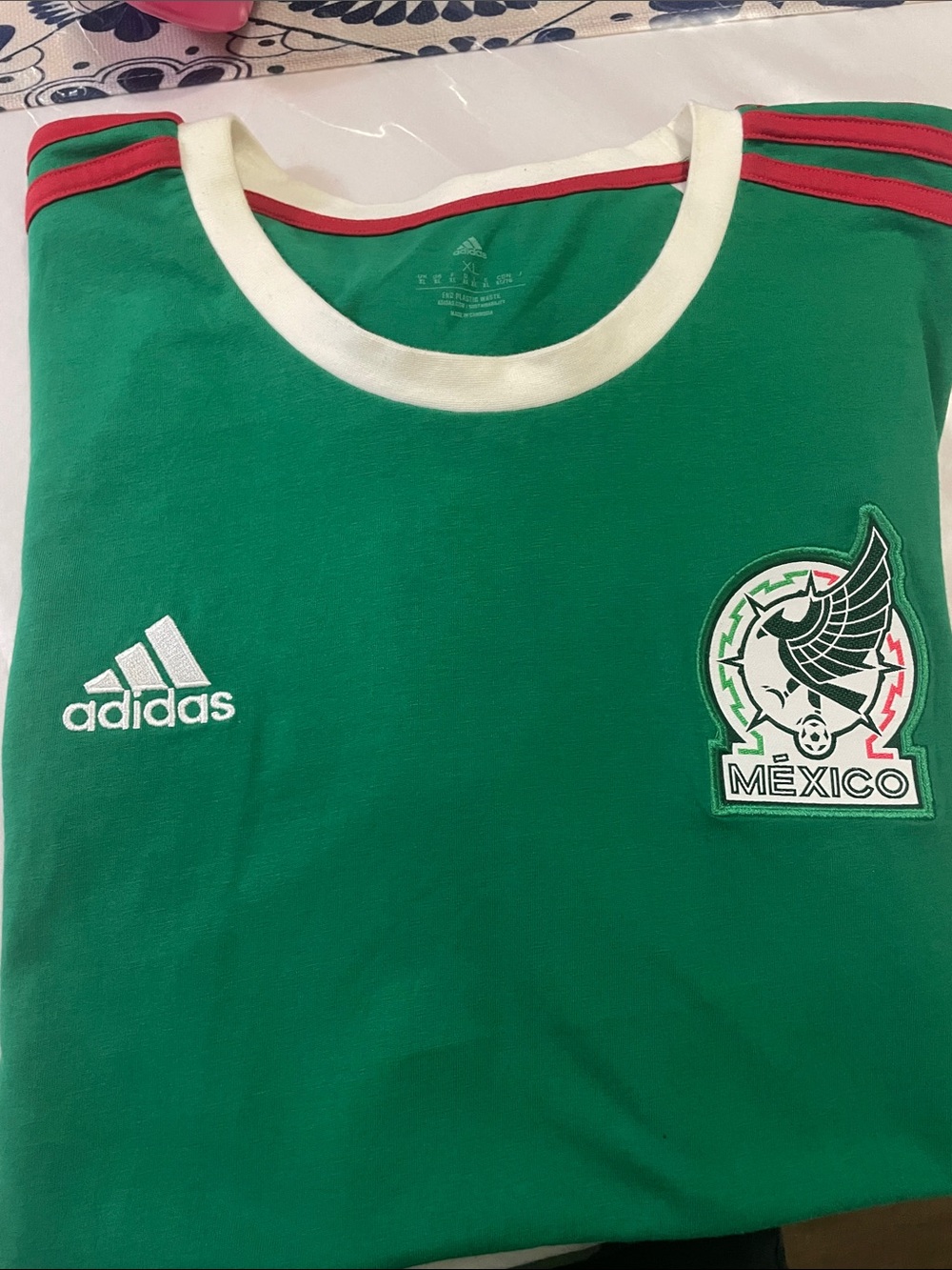 adidas Green Mens Mexico Soccer Tee with Red & White Trim